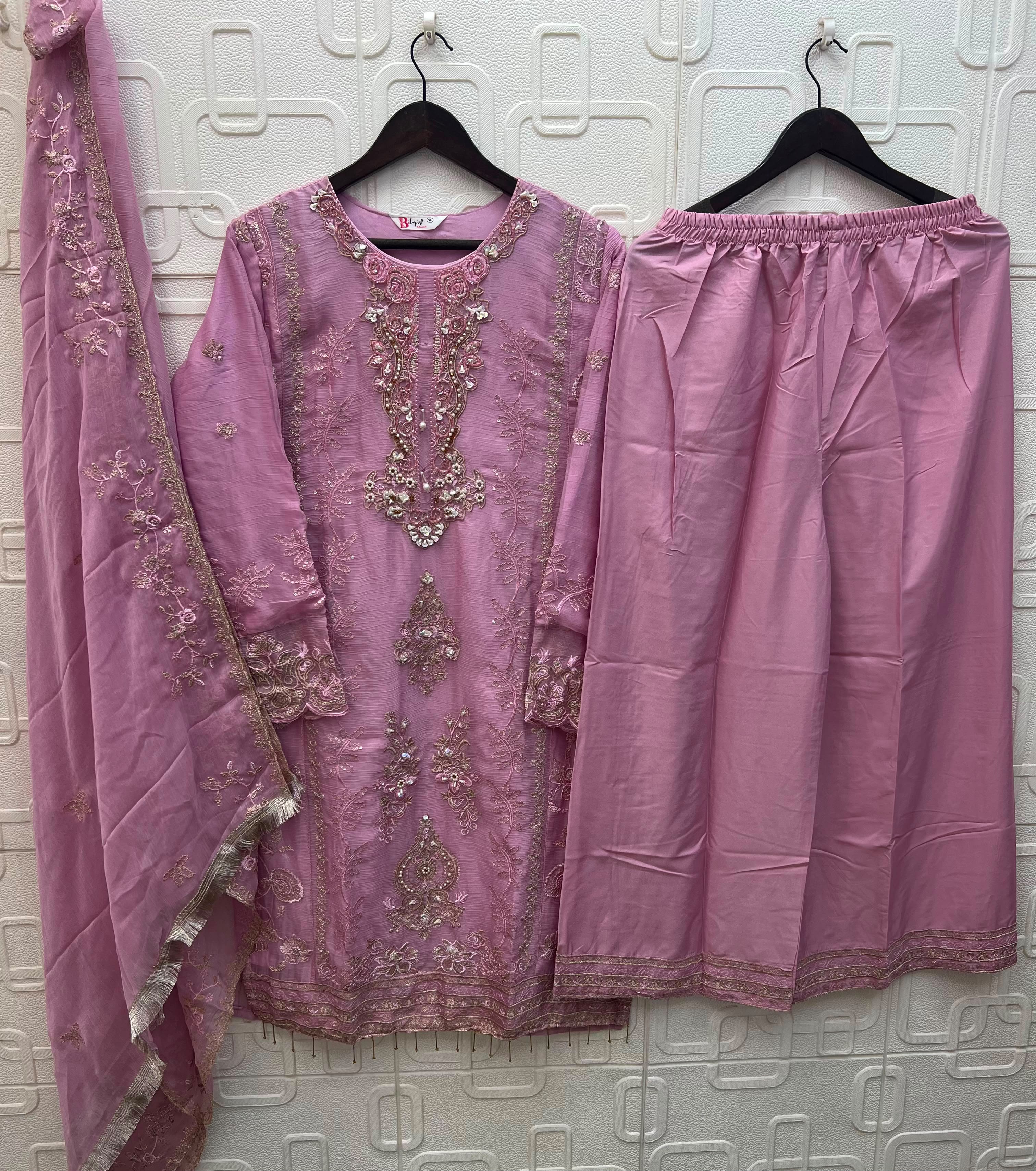 BILQIS D.NO 283 WHOLESALE READYMADE CHIFFON WITH WORK PAKISTANI 3 PCS SUITS EXPORTER