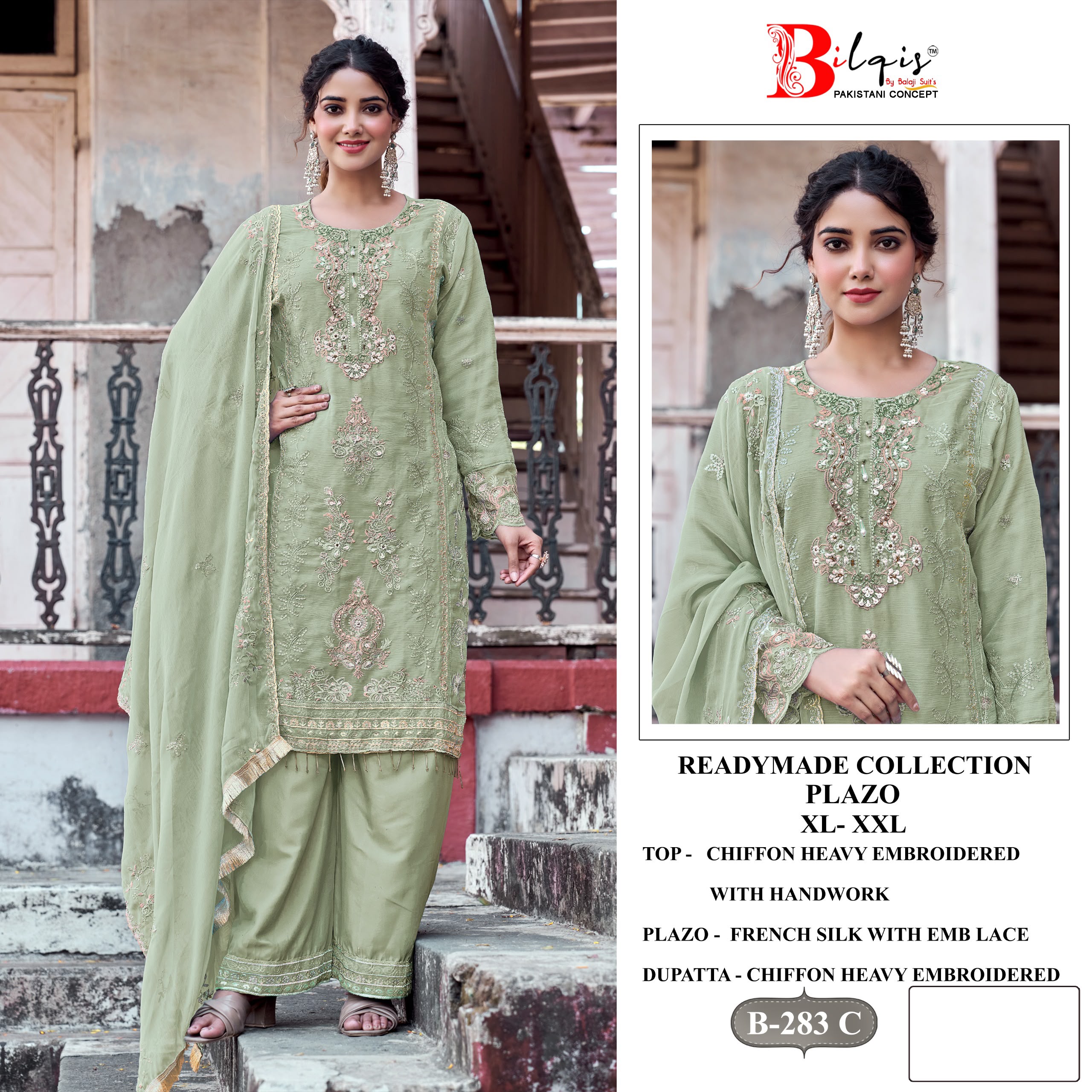 BILQIS D.NO 283 WHOLESALE READYMADE CHIFFON WITH WORK PAKISTANI 3 PCS SUITS EXPORTER