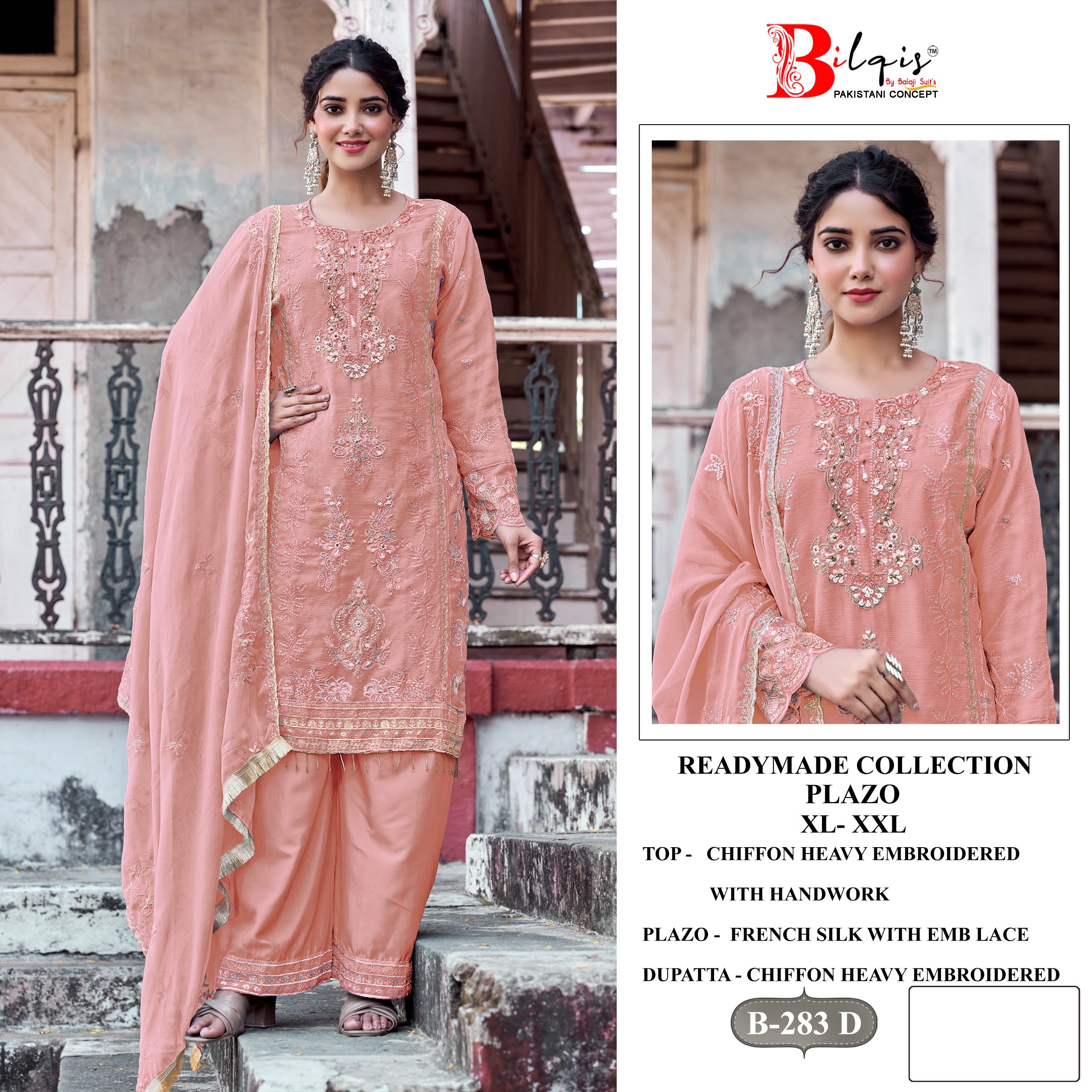 BILQIS D.NO 283 WHOLESALE READYMADE CHIFFON WITH WORK PAKISTANI 3 PCS SUITS EXPORTER