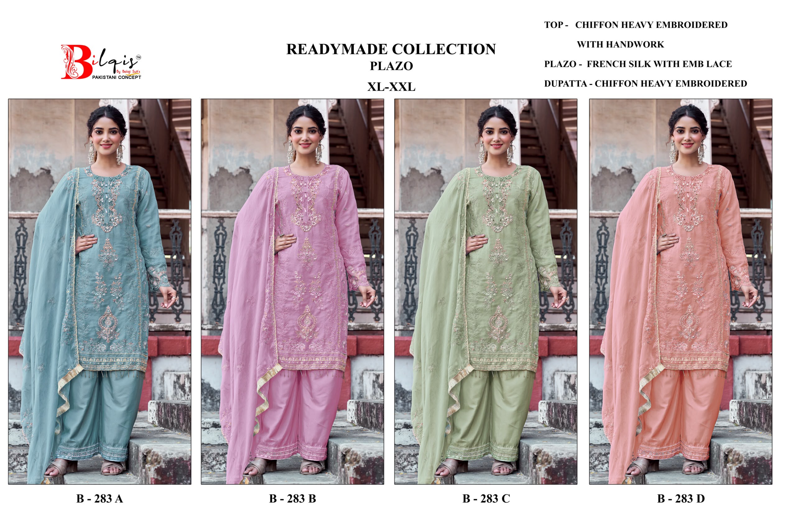BILQIS D.NO 283 WHOLESALE READYMADE CHIFFON WITH WORK PAKISTANI 3 PCS SUITS EXPORTER