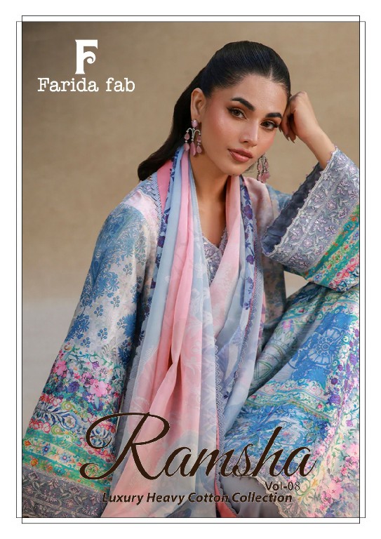 FARIDA FAB RAMSHA VOL 8 WHOLESALE READYMADE COTTON PRINTED CASUAL PAKISTANI 3 PCS SUITS FOR EXPORT