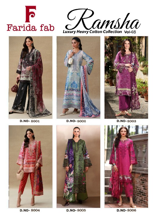 FARIDA FAB RAMSHA VOL 8 WHOLESALE READYMADE COTTON PRINTED CASUAL PAKISTANI 3 PCS SUITS FOR EXPORT