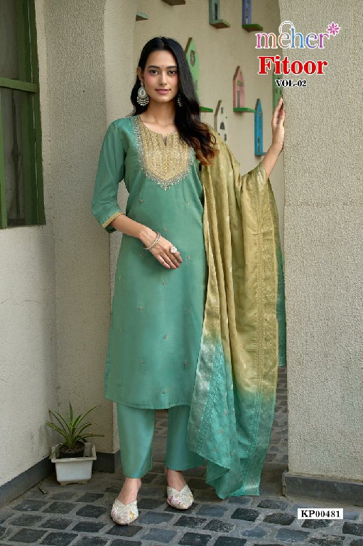 MEHER FITOOR VOL 2 WHOLESALE READYMADE ROMAN SILK CLASSY LOOK STRAIGHT CUT 3 PCS SUITS FOR EXPORT