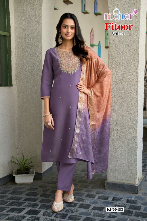 MEHER FITOOR VOL 2 WHOLESALE READYMADE ROMAN SILK CLASSY LOOK STRAIGHT CUT 3 PCS SUITS FOR EXPORT