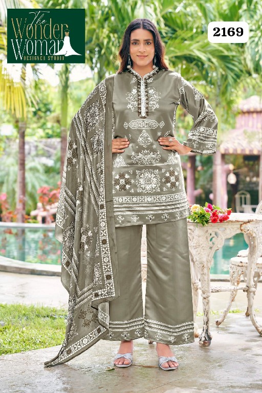 WONDER WOMAN D.NO 2169 WHOLESLE READYMADE IMPORTED SATIN DELICATE PRINTED 3 PCS COMBO SET SUITS EXPORTER