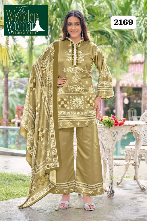 WONDER WOMAN D.NO 2169 WHOLESLE READYMADE IMPORTED SATIN DELICATE PRINTED 3 PCS COMBO SET SUITS EXPORTER