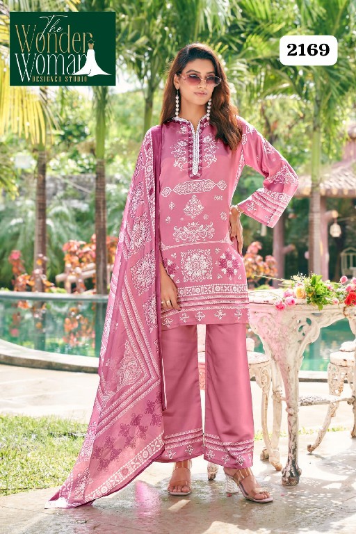 WONDER WOMAN D.NO 2169 WHOLESLE READYMADE IMPORTED SATIN DELICATE PRINTED 3 PCS COMBO SET SUITS EXPORTER