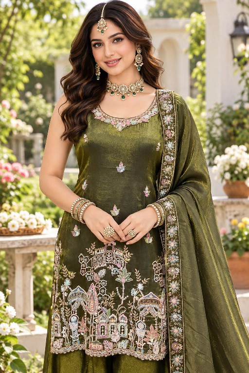 MRUDANGI AAVYA WHOLESALE READYMADE REAL VISCOSE TISSUE SILK FESTIVE WEAR 3 PCS SUITS SUPPLIER