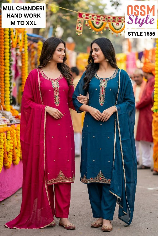 OSSM STYLE D.NO 1655-1656-1661 TO 1664-1668 TO 1673 WHOLESALE READYMADE MAL CHANDERI FANCY 3 PCS COMBO SET SUITS EXPORTER