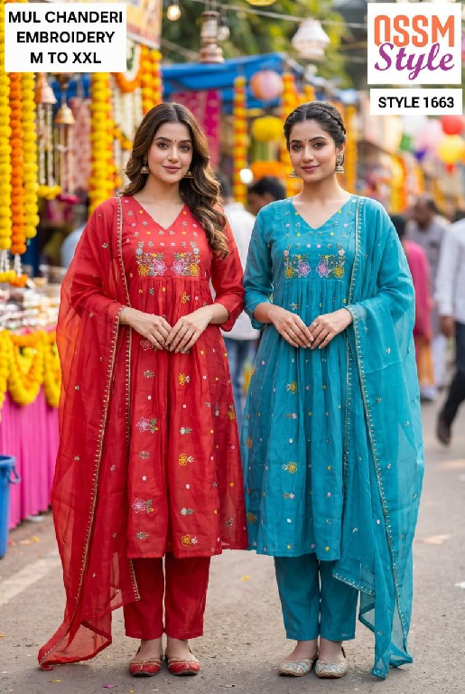 OSSM STYLE D.NO 1655-1656-1661 TO 1664-1668 TO 1673 WHOLESALE READYMADE MAL CHANDERI FANCY 3 PCS COMBO SET SUITS EXPORTER