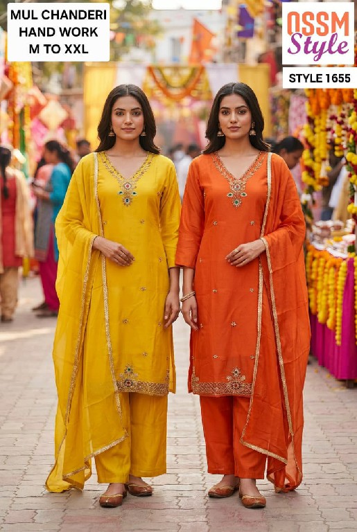 OSSM STYLE D.NO 1655-1656-1661 TO 1664-1668 TO 1673 WHOLESALE READYMADE MAL CHANDERI FANCY 3 PCS COMBO SET SUITS EXPORTER