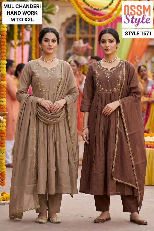 OSSM STYLE D.NO 1655-1656-1661 TO 1664-1668 TO 1673 WHOLESALE READYMADE MAL CHANDERI FANCY 3 PCS COMBO SET SUITS EXPORTER