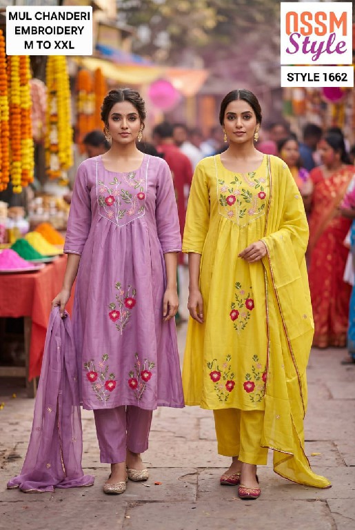 OSSM STYLE D.NO 1655-1656-1661 TO 1664-1668 TO 1673 WHOLESALE READYMADE MAL CHANDERI FANCY 3 PCS COMBO SET SUITS EXPORTER