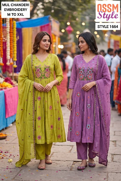 OSSM STYLE D.NO 1655-1656-1661 TO 1664-1668 TO 1673 WHOLESALE READYMADE MAL CHANDERI FANCY 3 PCS COMBO SET SUITS EXPORTER