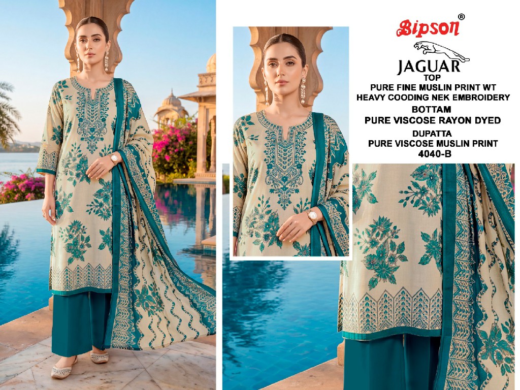 BIPSON JAGUAR D.NO 4040 WHOLESALE PURE MUSLIN STUNNING LOOK UNSTITCH SALWAR SUITS ONLINE