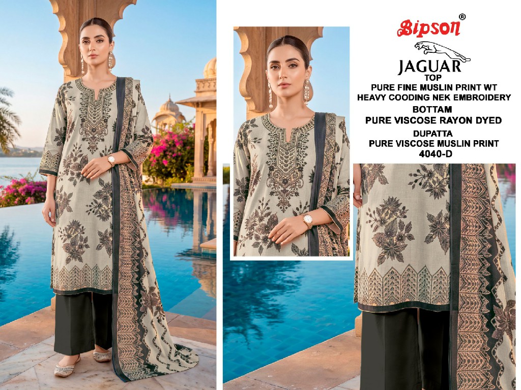 BIPSON JAGUAR D.NO 4040 WHOLESALE PURE MUSLIN STUNNING LOOK UNSTITCH SALWAR SUITS ONLINE