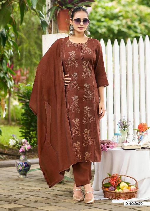 LADIES FLAVOURS D.NO 3468 TO 3470 WHOLESALE READYMADE MULL STRIPE WITH WORK BIG SIZE TRENDY 3 PCS COMBO SET SUITS ONLINE