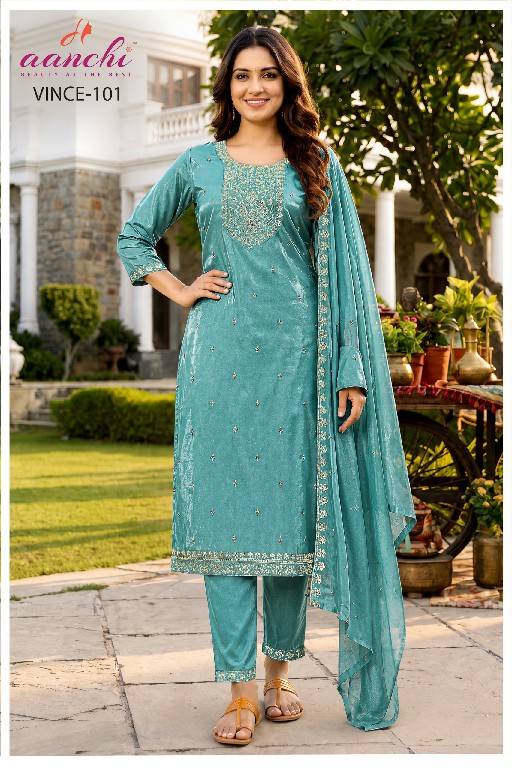 AANCHI VINCE WHOLESALE READYMADE GLASS SILK FASHIONABLE 3 PCS SUITS EXPORTER