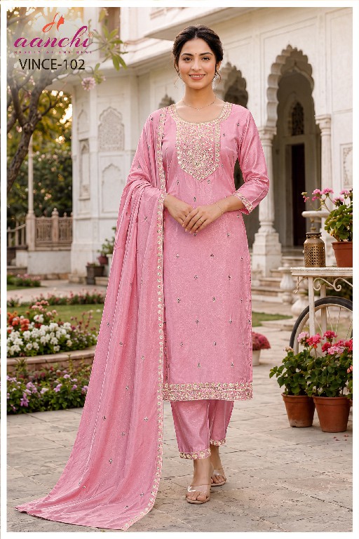 AANCHI VINCE WHOLESALE READYMADE GLASS SILK FASHIONABLE 3 PCS SUITS EXPORTER