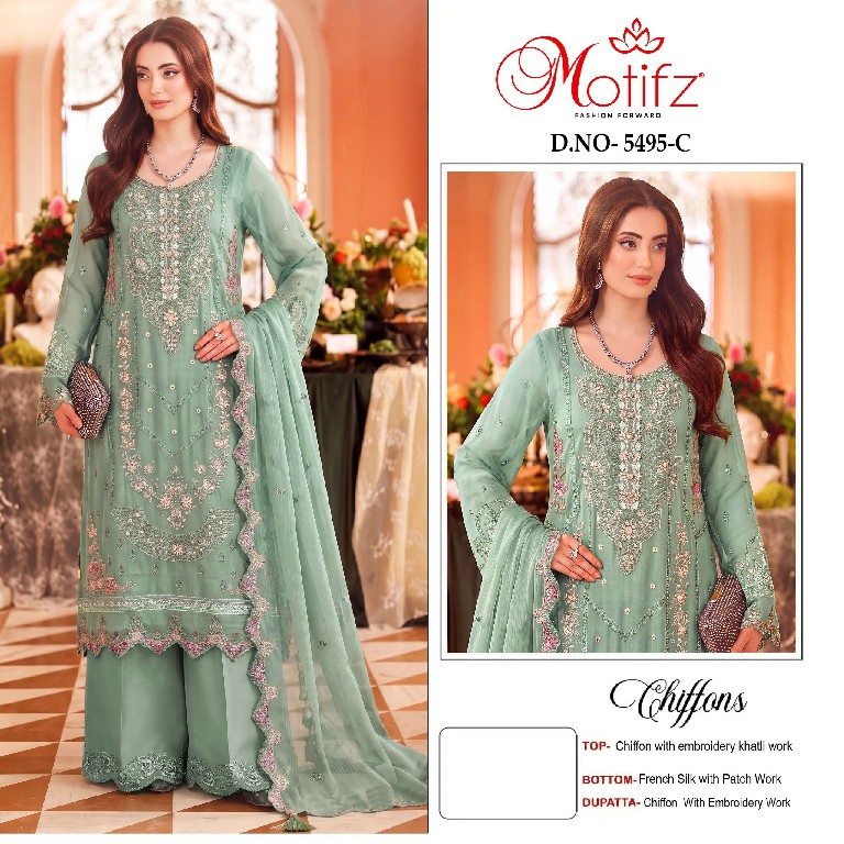 MOTIFZ D.NO 5495 WHOLESALE CHIFFON PAKISTANI PRETTY LOOK UNSTITCH SALWAR SUITS FOR EXPORT