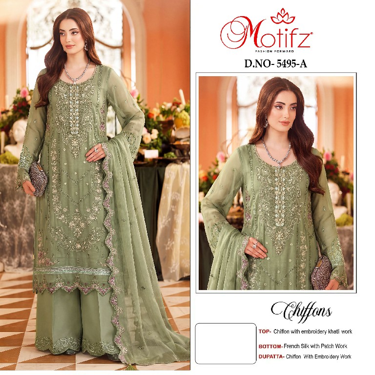 MOTIFZ D.NO 5495 WHOLESALE CHIFFON PAKISTANI PRETTY LOOK UNSTITCH SALWAR SUITS FOR EXPORT