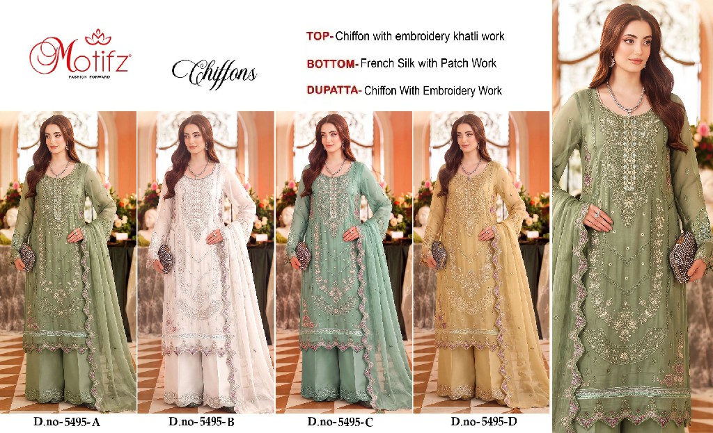 MOTIFZ D.NO 5495 WHOLESALE CHIFFON PAKISTANI PRETTY LOOK UNSTITCH SALWAR SUITS FOR EXPORT