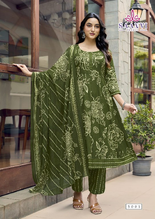 SAANVI TRENDS RASHMIKA VOL 5 WHOLESALE READYMADE COTTON PRINTED ANARKALI STYLE 3 PCS SUITS SUPPLIER