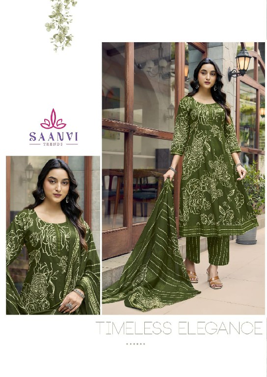 SAANVI TRENDS RASHMIKA VOL 5 WHOLESALE READYMADE COTTON PRINTED ANARKALI STYLE 3 PCS SUITS SUPPLIER