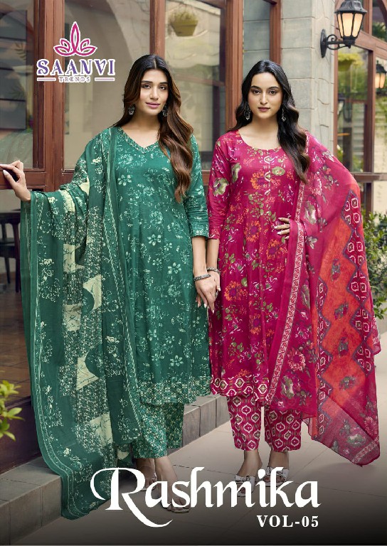 SAANVI TRENDS RASHMIKA VOL 5 WHOLESALE READYMADE COTTON PRINTED ANARKALI STYLE 3 PCS SUITS SUPPLIER