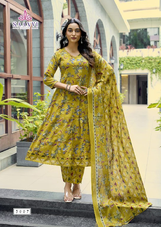 SAANVI TRENDS RASHMIKA VOL 5 WHOLESALE READYMADE COTTON PRINTED ANARKALI STYLE 3 PCS SUITS SUPPLIER