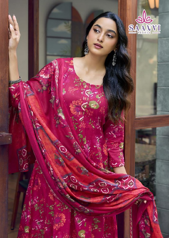 SAANVI TRENDS RASHMIKA VOL 5 WHOLESALE READYMADE COTTON PRINTED ANARKALI STYLE 3 PCS SUITS SUPPLIER