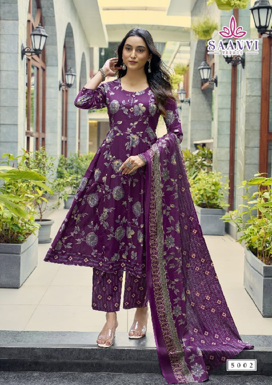 SAANVI TRENDS RASHMIKA VOL 5 WHOLESALE READYMADE COTTON PRINTED ANARKALI STYLE 3 PCS SUITS SUPPLIER