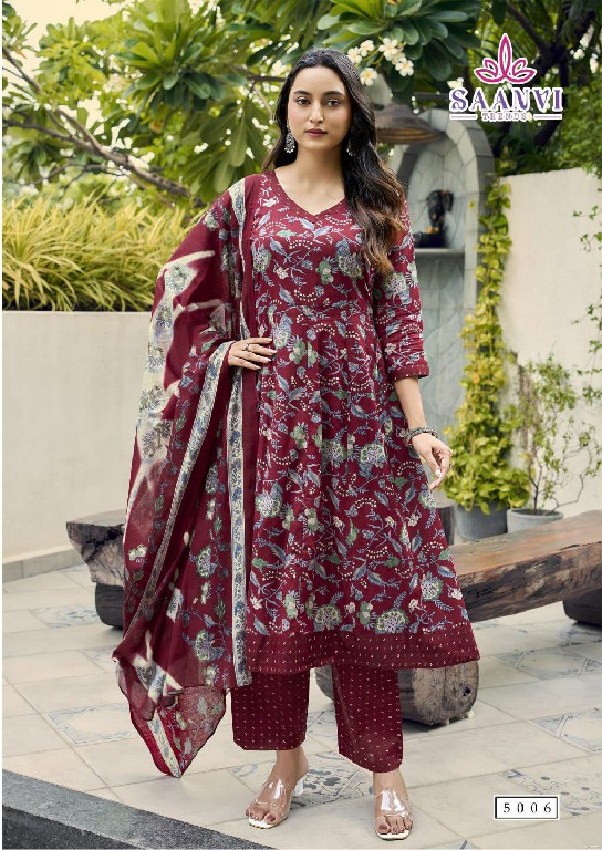 SAANVI TRENDS RASHMIKA VOL 5 WHOLESALE READYMADE COTTON PRINTED ANARKALI STYLE 3 PCS SUITS SUPPLIER