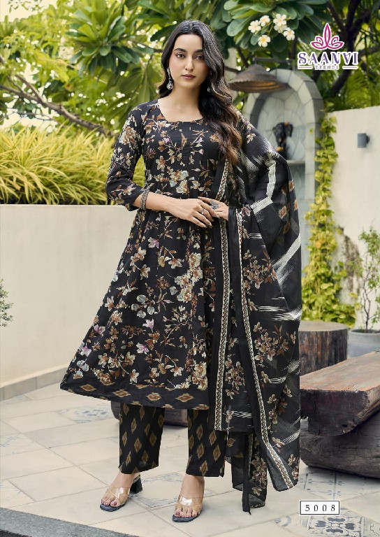 SAANVI TRENDS RASHMIKA VOL 5 WHOLESALE READYMADE COTTON PRINTED ANARKALI STYLE 3 PCS SUITS SUPPLIER