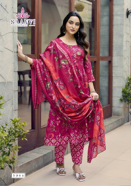 SAANVI TRENDS RASHMIKA VOL 5 WHOLESALE READYMADE COTTON PRINTED ANARKALI STYLE 3 PCS SUITS SUPPLIER
