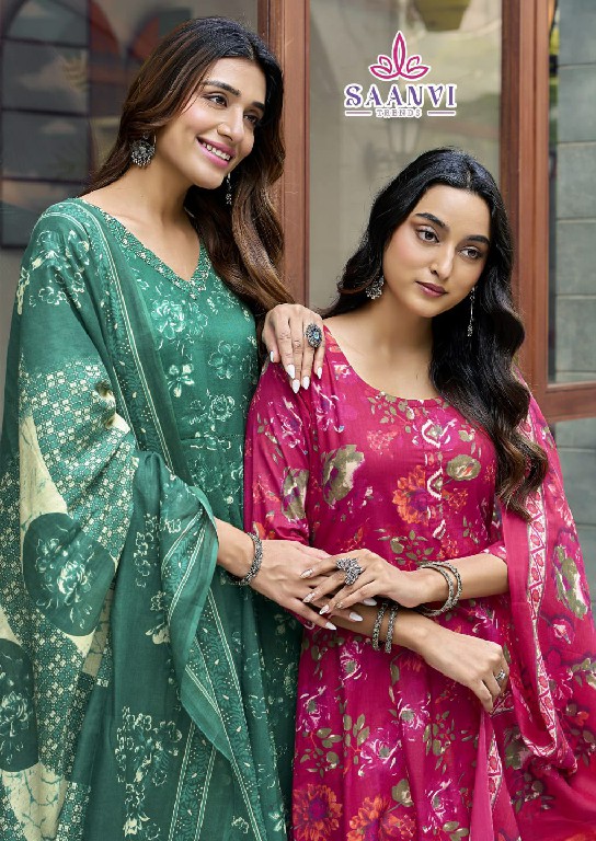SAANVI TRENDS RASHMIKA VOL 5 WHOLESALE READYMADE COTTON PRINTED ANARKALI STYLE 3 PCS SUITS SUPPLIER