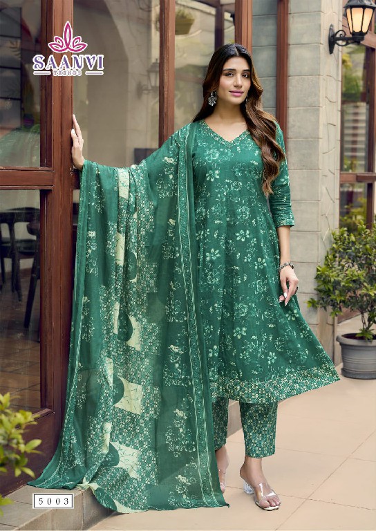 SAANVI TRENDS RASHMIKA VOL 5 WHOLESALE READYMADE COTTON PRINTED ANARKALI STYLE 3 PCS SUITS SUPPLIER