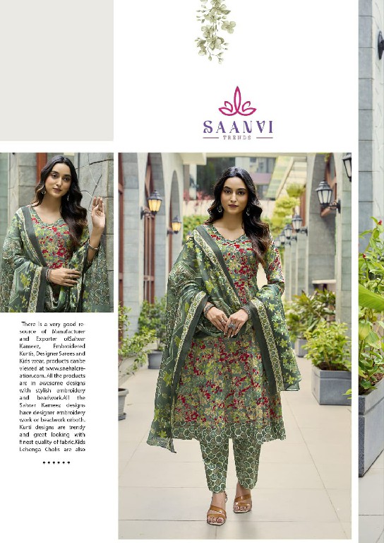 SAANVI TRENDS RASHMIKA VOL 5 WHOLESALE READYMADE COTTON PRINTED ANARKALI STYLE 3 PCS SUITS SUPPLIER