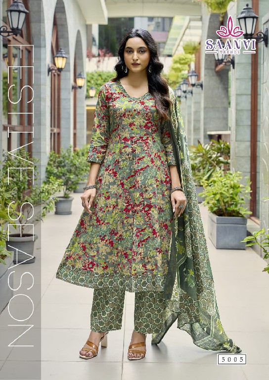 SAANVI TRENDS RASHMIKA VOL 5 WHOLESALE READYMADE COTTON PRINTED ANARKALI STYLE 3 PCS SUITS SUPPLIER