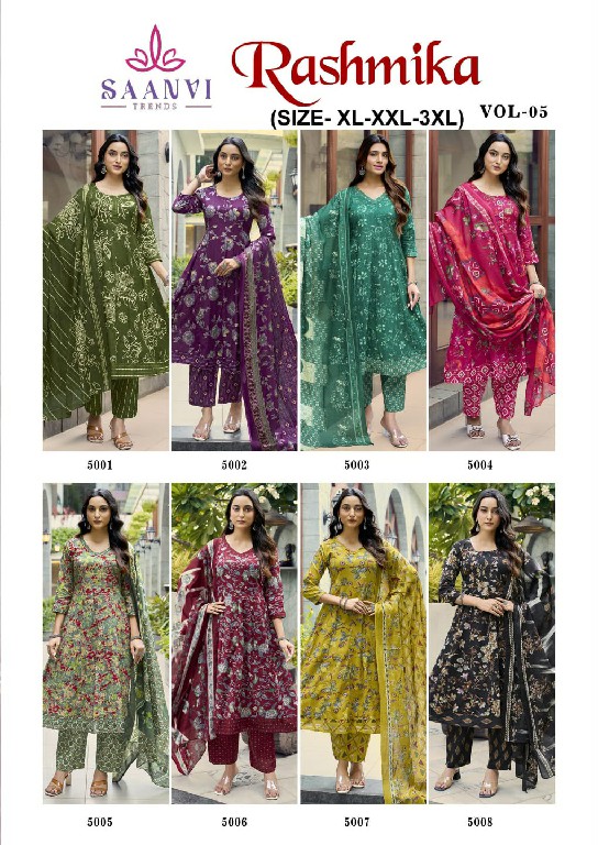 SAANVI TRENDS RASHMIKA VOL 5 WHOLESALE READYMADE COTTON PRINTED ANARKALI STYLE 3 PCS SUITS SUPPLIER
