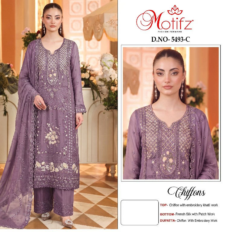 MOTIFZ D.NO 5493 WHOLESALE CHIFFON PAKISTANI GORGEOUS LOOK UNSTITCH SALWAR SUITS EXPORTER