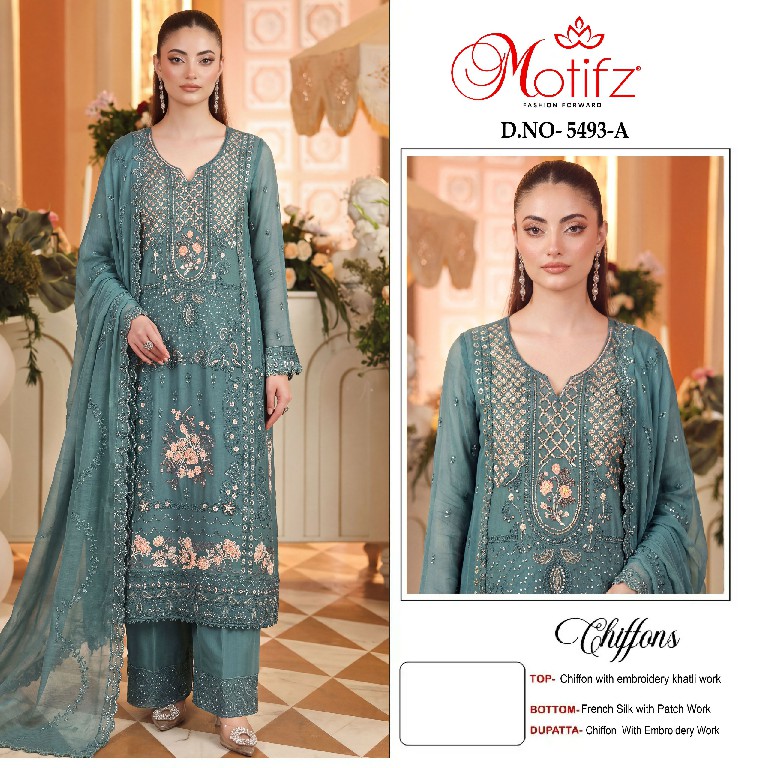 MOTIFZ D.NO 5493 WHOLESALE CHIFFON PAKISTANI GORGEOUS LOOK UNSTITCH SALWAR SUITS EXPORTER