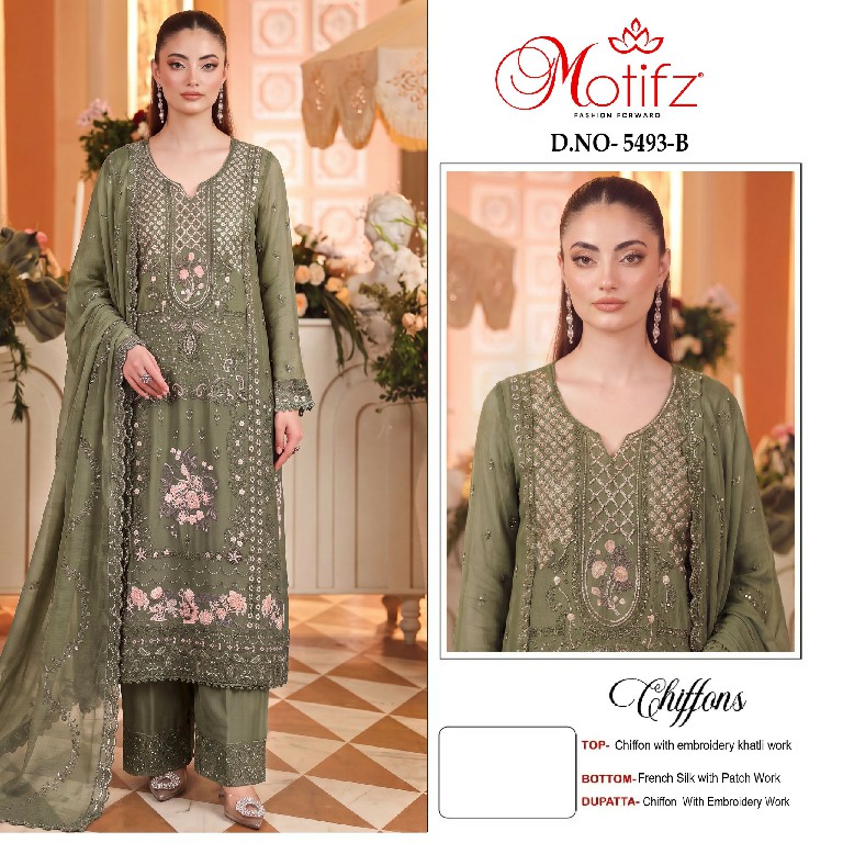 MOTIFZ D.NO 5493 WHOLESALE CHIFFON PAKISTANI GORGEOUS LOOK UNSTITCH SALWAR SUITS EXPORTER
