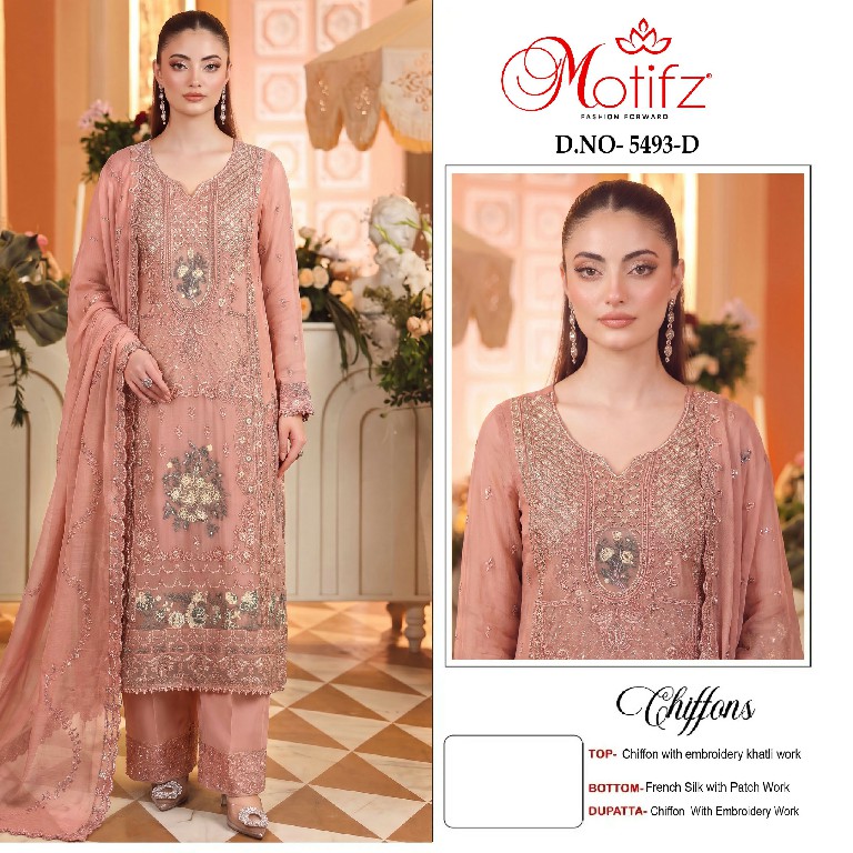 MOTIFZ D.NO 5493 WHOLESALE CHIFFON PAKISTANI GORGEOUS LOOK UNSTITCH SALWAR SUITS EXPORTER