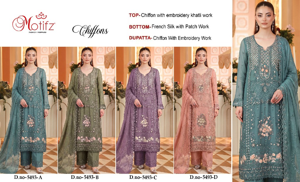 MOTIFZ D.NO 5493 WHOLESALE CHIFFON PAKISTANI GORGEOUS LOOK UNSTITCH SALWAR SUITS EXPORTER