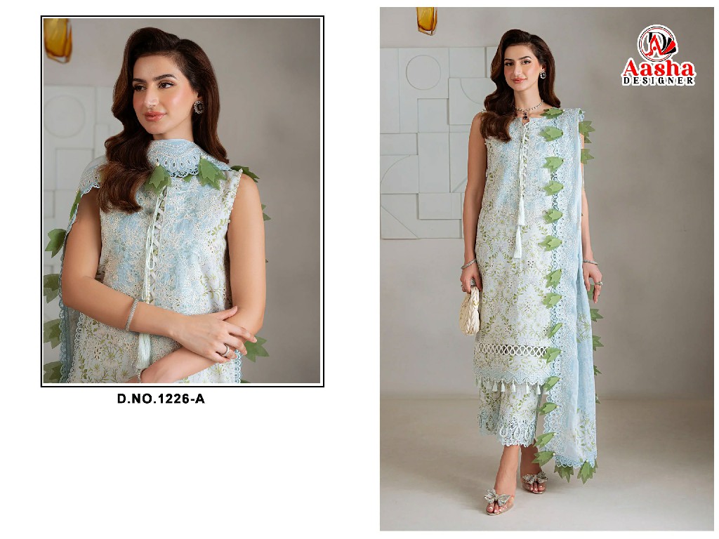AASHA DESIGNER D.NO 1226 WHOLESALE PURE COTTON WITH WORK MODERN LOOK UNSTITCH SALWAR SUITS SUPPLIER