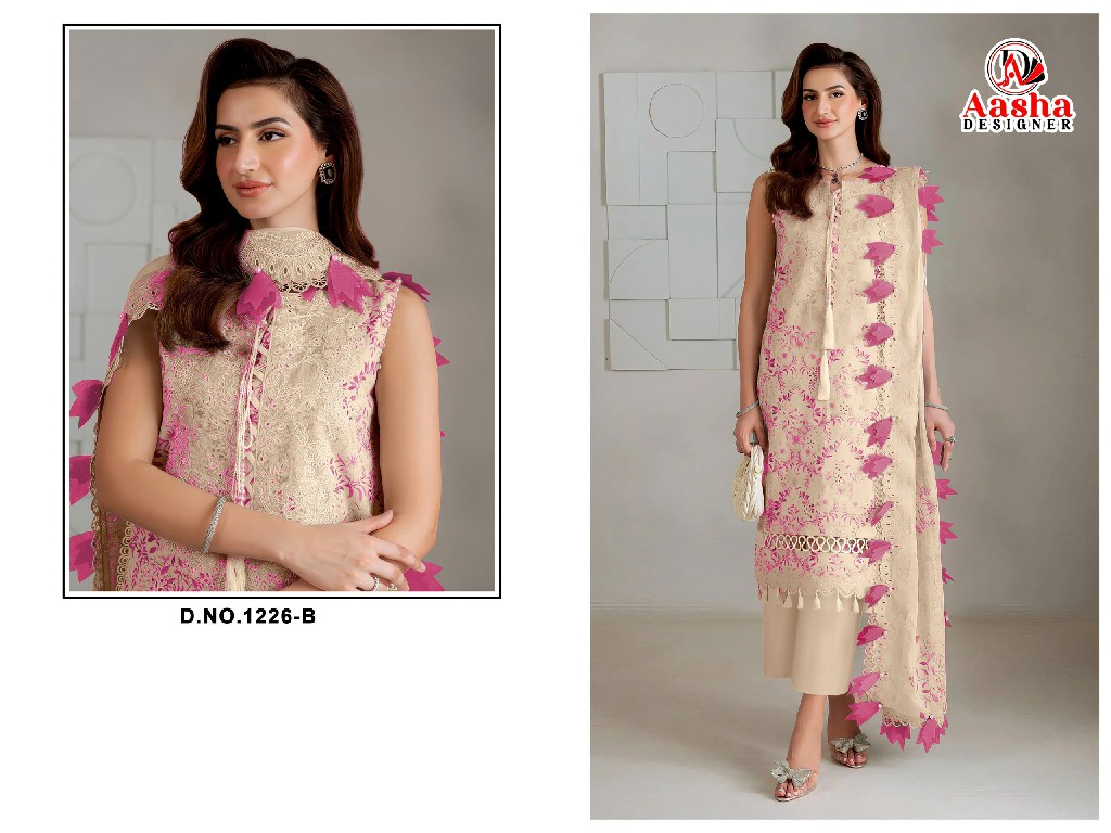 AASHA DESIGNER D.NO 1226 WHOLESALE PURE COTTON WITH WORK MODERN LOOK UNSTITCH SALWAR SUITS SUPPLIER