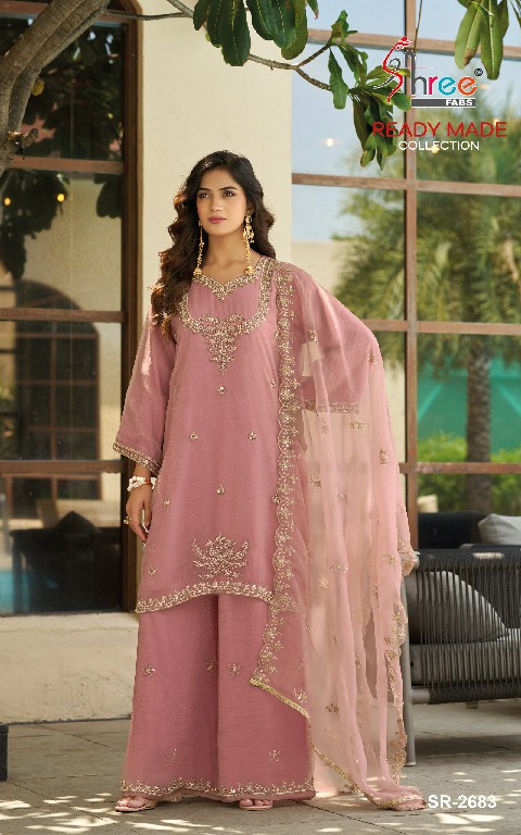 SHREE FABS R-2683 WHOLESALE READYMADE VISCOSE GLASS CHIFFON MINIMAL WORK DESIGN 3 PCS SUITS FOR EXPORT