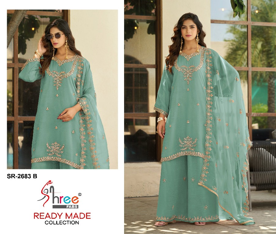 SHREE FABS R-2683 WHOLESALE READYMADE VISCOSE GLASS CHIFFON MINIMAL WORK DESIGN 3 PCS SUITS FOR EXPORT
