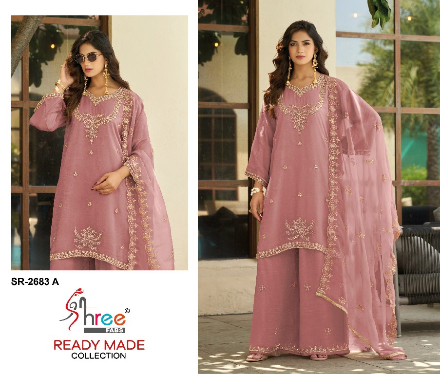 SHREE FABS R-2683 WHOLESALE READYMADE VISCOSE GLASS CHIFFON MINIMAL WORK DESIGN 3 PCS SUITS FOR EXPORT